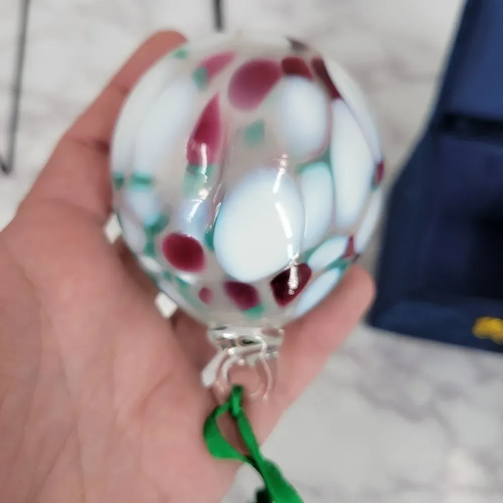 Vintage Hand Blown Art Glass Ornament with Green Ribbon Signed 90s - Picture 7 of 10